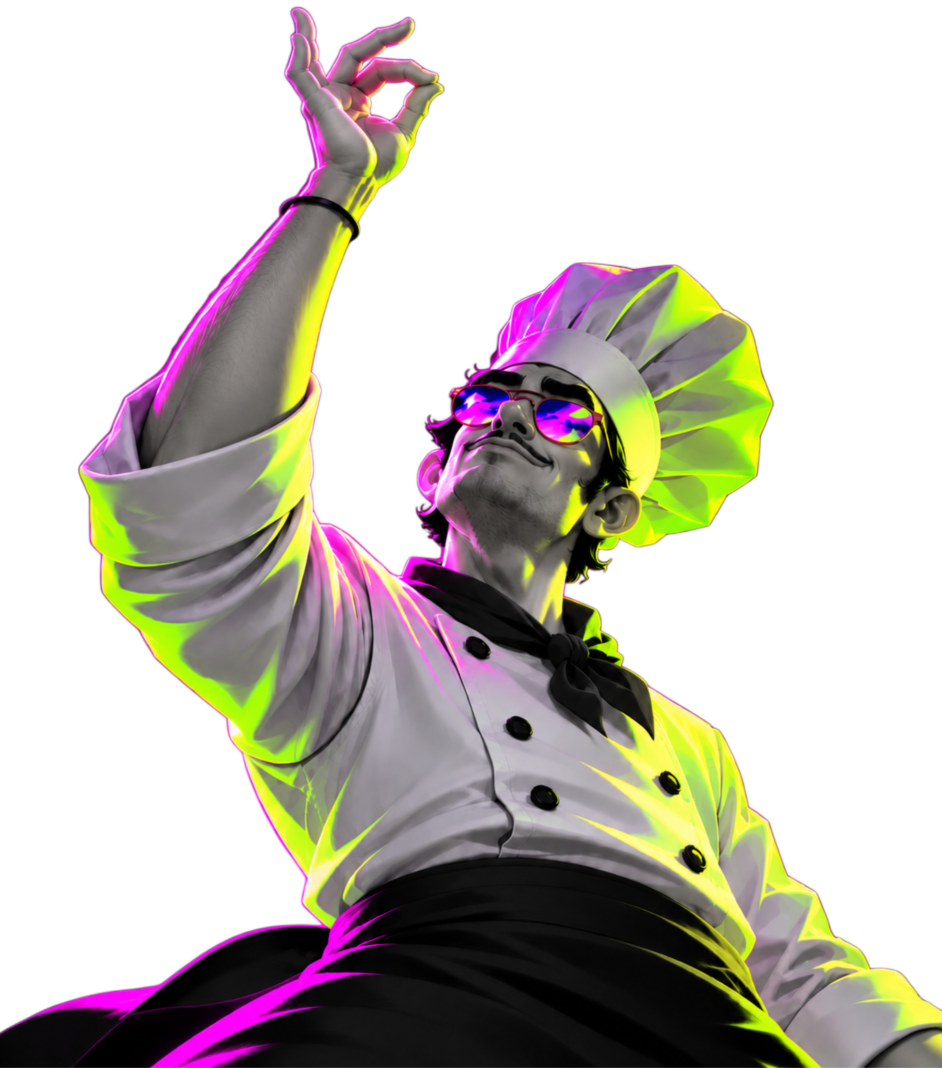 Salt Art chef character, lit in neon green and purple