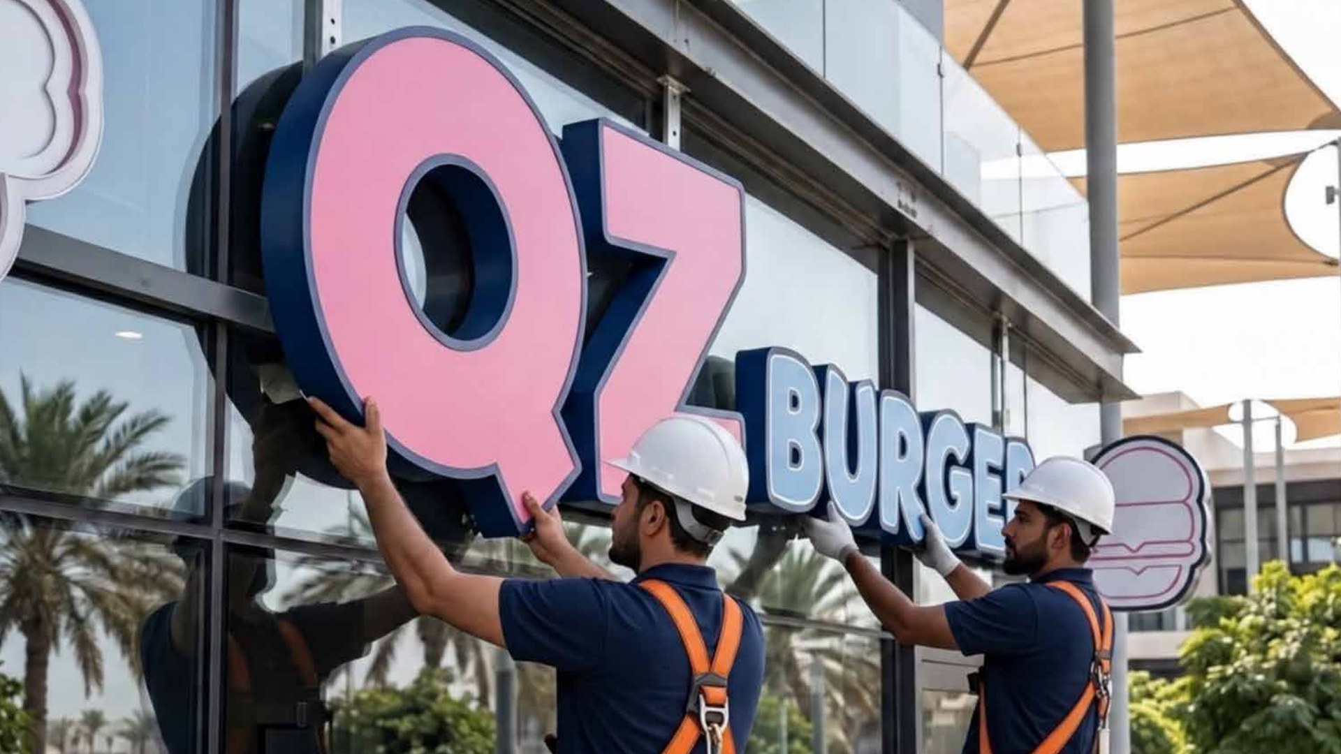 Installation of the QZ Burger illuminated sign